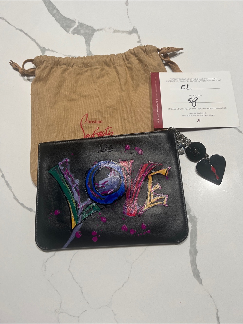 Christian Louboutin Black Painted 'LOVE' Leather Pouch with Heart Charm